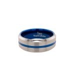Tungsten 8mm flat brushed finish grey and blue ring
