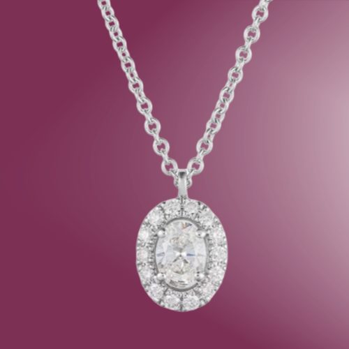 9ct White gold oval halo lab grown diamond pendant with chain